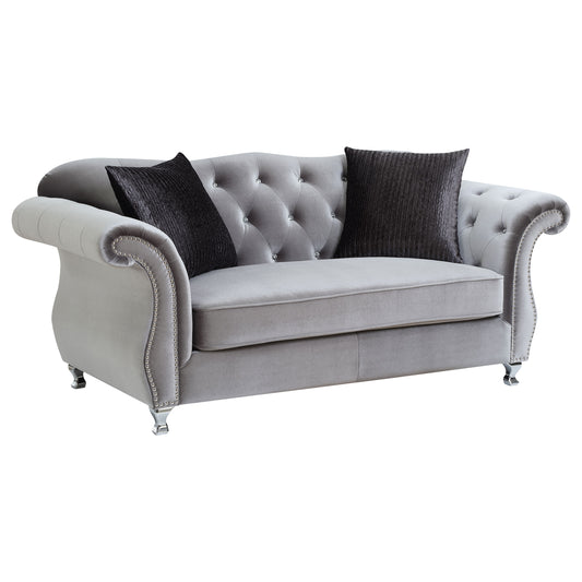 Frostine Upholstered Rolled Arm Tufted Loveseat Silver